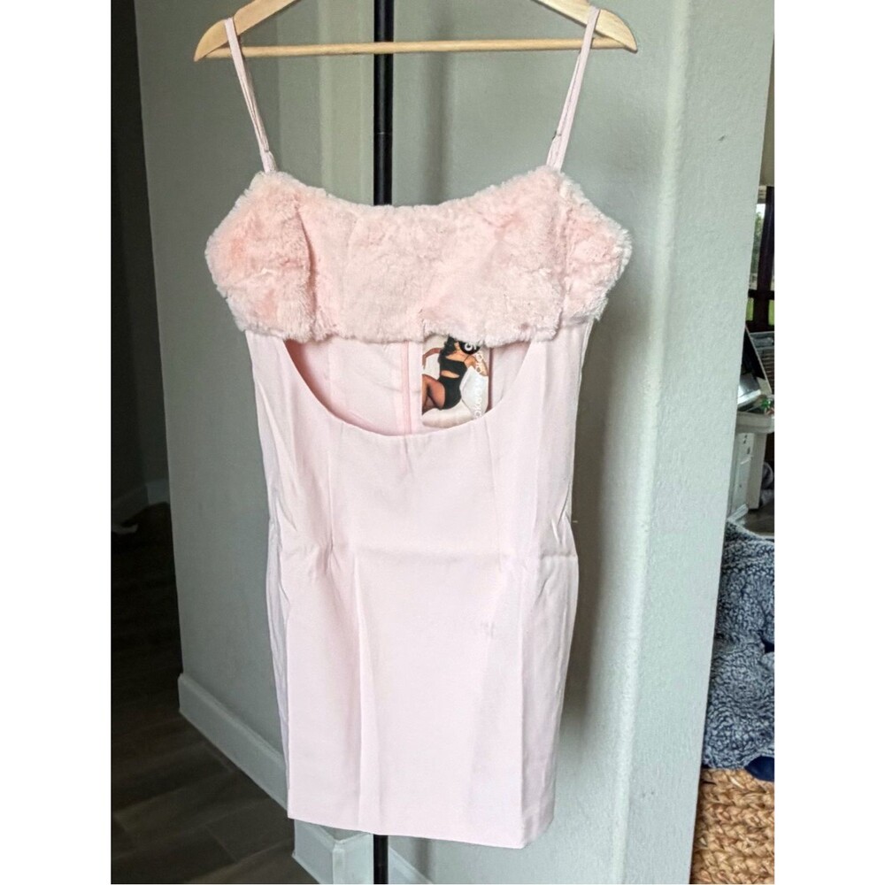 naked wardrobe Pale Pink Faux-Fur Trim Mini Slip Dress L